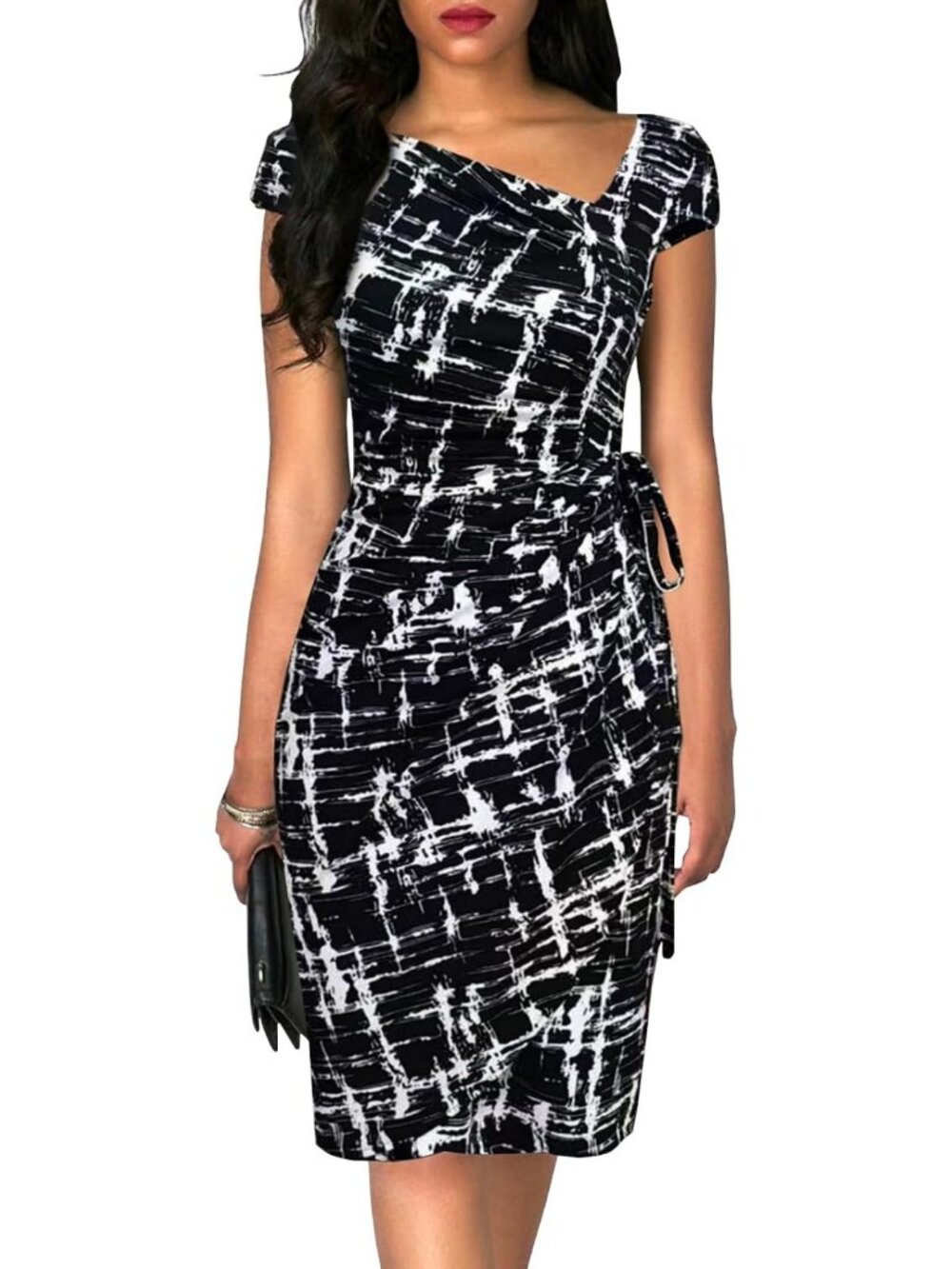 Vintage Cap Sleeve Asymmetrical Neckline Bodycon Dress | Casual Work & Party